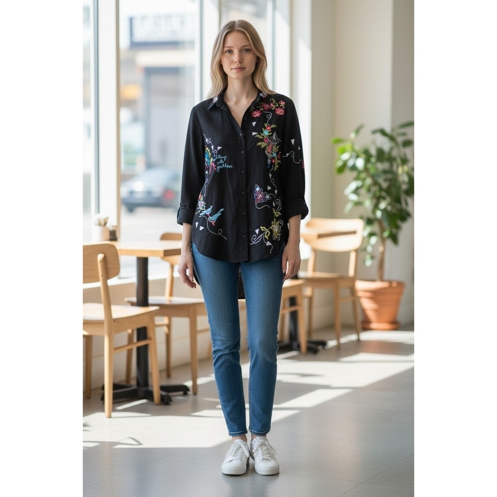 Anthropologie Black Embroidered Cotton Linen‎ Button Down Shirt Small Cowgirl